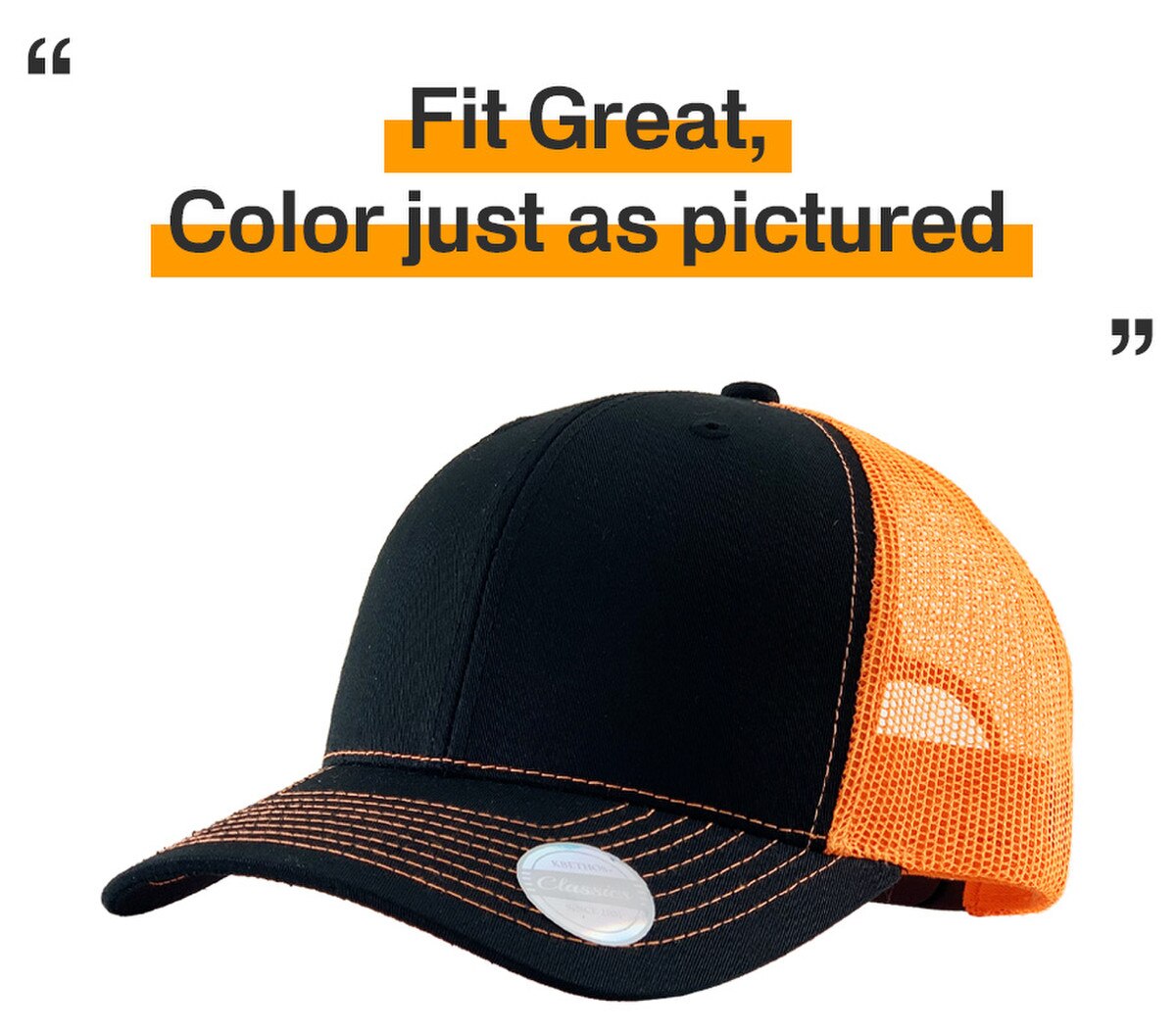 Black Neon Orange Two Tone Classic 6 Panel Trucker Mesh Snapback Side View Fit Great